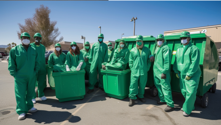 Junk Removal Workers in Green Suits Posing by Green Dumpsters in Irvine, CA