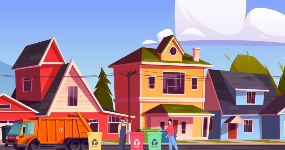 Painting of Homes in Neighborhood and Junk Removal Truck Picking Up Recycling Bins in Irvine, CA
